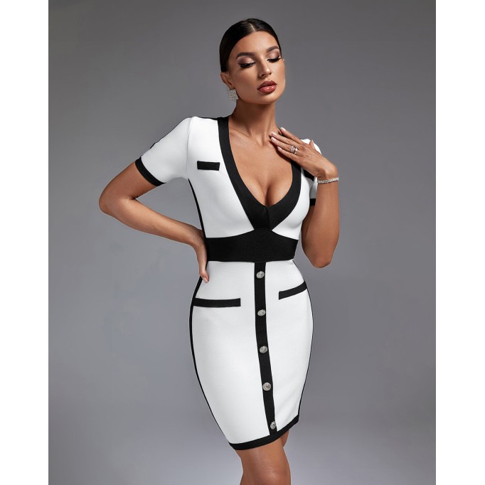 Contrast Trim Short Sleeve Mini Bandage Dress