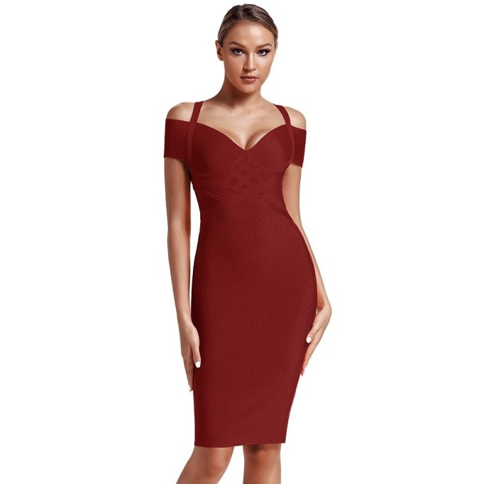 V Neck Mid Sleeve Striped Over Knee Bandage Dress PF19089