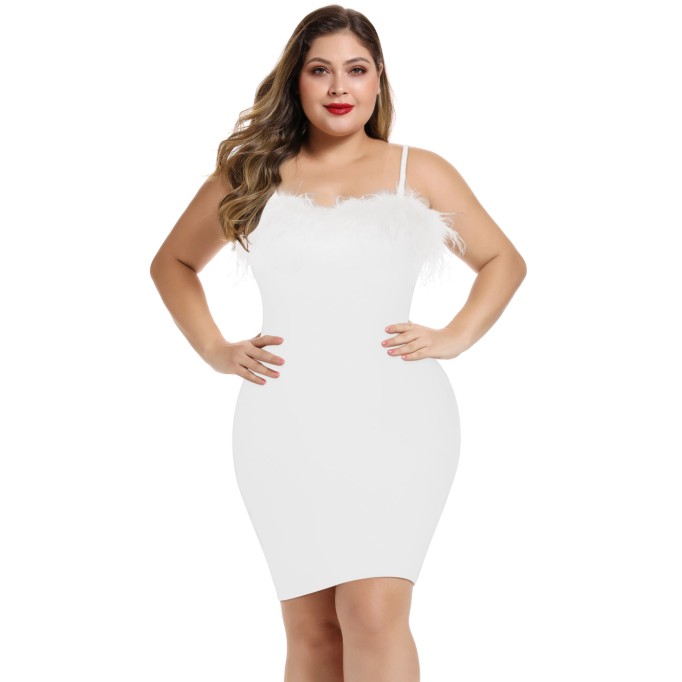 Plus Size Strappy Plume Mini Bandage Dress DPF19177