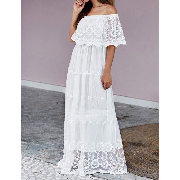 Off Shoulder Short Sleeve Floral Lace Bridesmaid Maxi Dress TJ611313