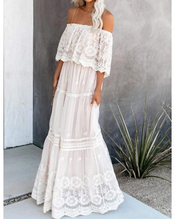 Off Shoulder Short Sleeve Floral Lace Bridesmaid Maxi Dress TJ611313