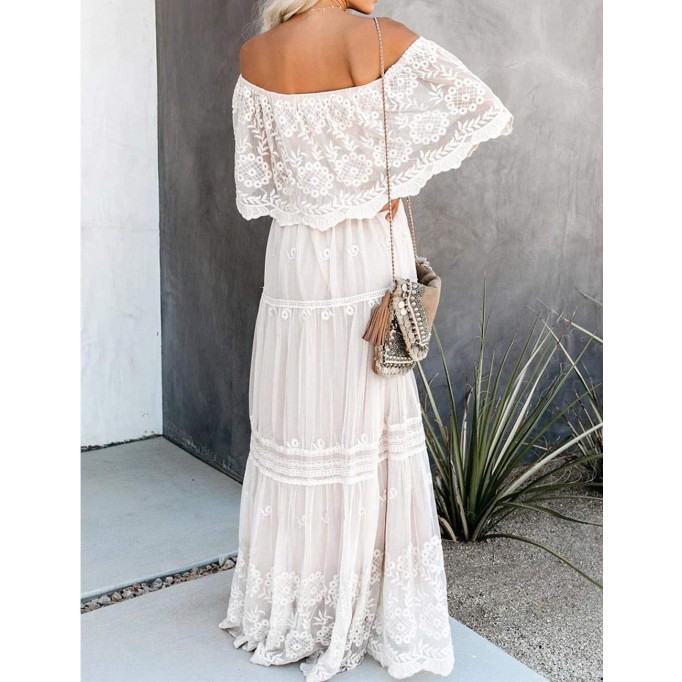 Off Shoulder Short Sleeve Floral Lace Bridesmaid Maxi Dress TJ611313