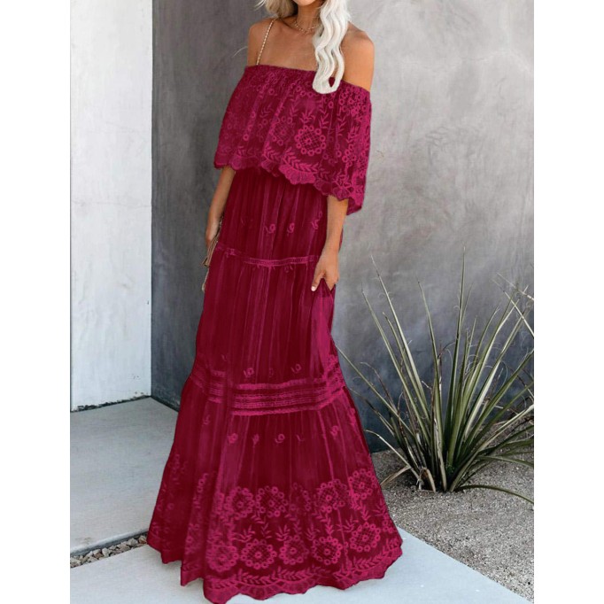 Off Shoulder Short Sleeve Floral Lace Bridesmaid Maxi Dress TJ611313