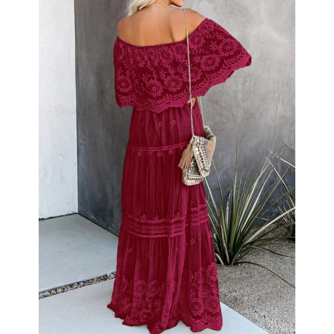 Off Shoulder Short Sleeve Floral Lace Bridesmaid Maxi Dress TJ611313