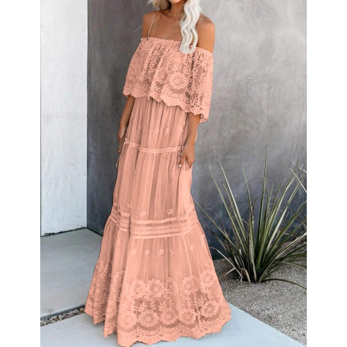 Off Shoulder Short Sleeve Floral Lace Bridesmaid Maxi Dress TJ611313