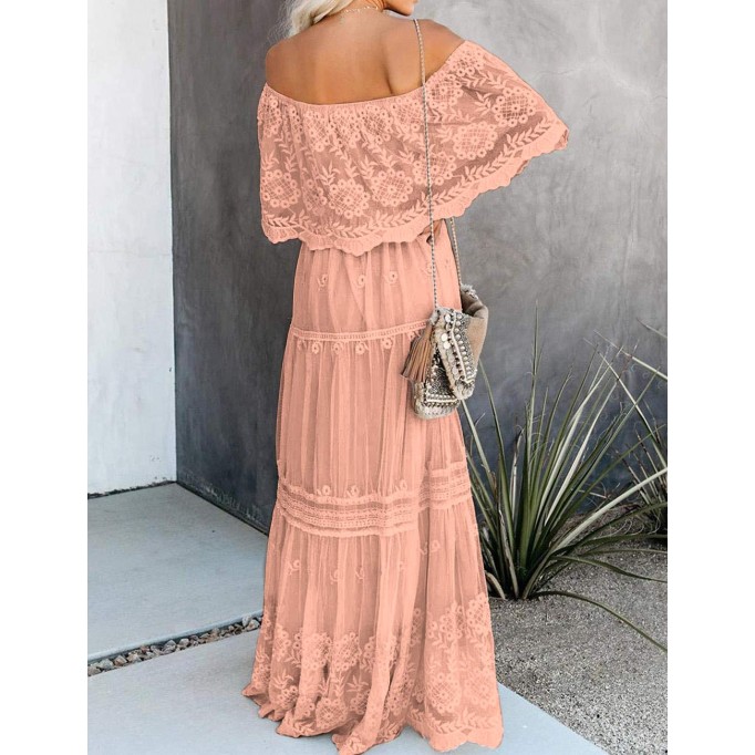 Off Shoulder Short Sleeve Floral Lace Bridesmaid Maxi Dress TJ611313