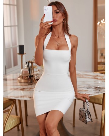 Halter Sleeveless Plain Mini Bandage Dress PK21341