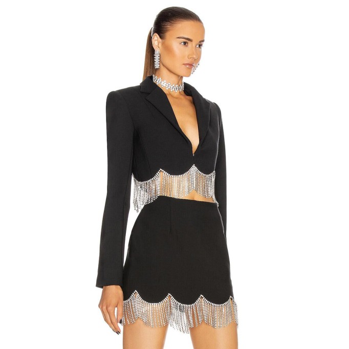 V Neck Long Sleeve Tassels Bodycon Set