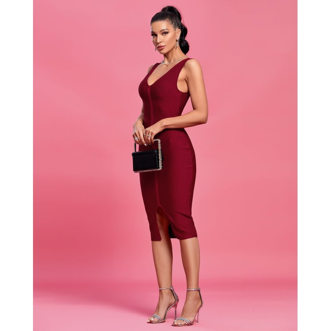 V Neck Sleeveless Slit Midi Bandage Dress