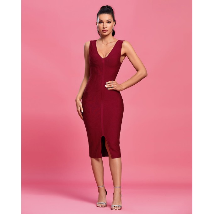 V Neck Sleeveless Slit Midi Bandage Dress