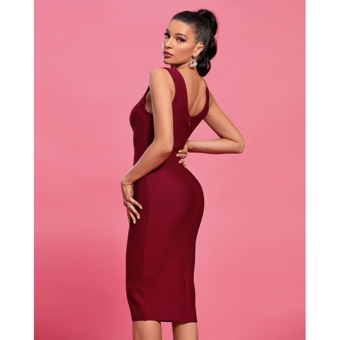 V Neck Sleeveless Slit Midi Bandage Dress