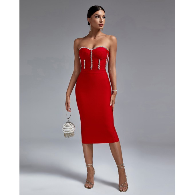 Strapless Drill Chain Midi Bandage Dress