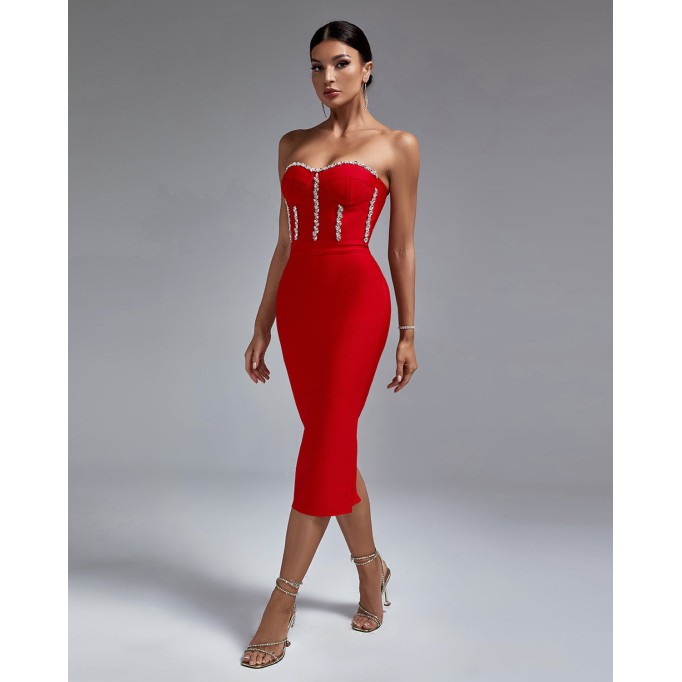 Strapless Drill Chain Midi Bandage Dress