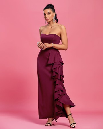 Off Shoulder Asymmetrical Frill Maxi Dress