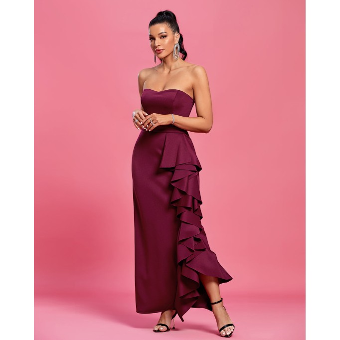 Off Shoulder Asymmetrical Frill Maxi Dress