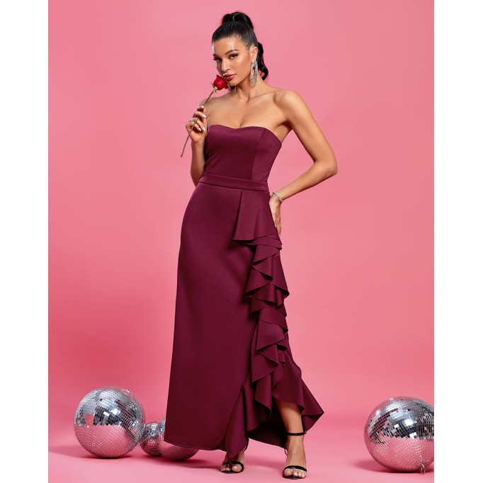 Off Shoulder Asymmetrical Frill Maxi Dress