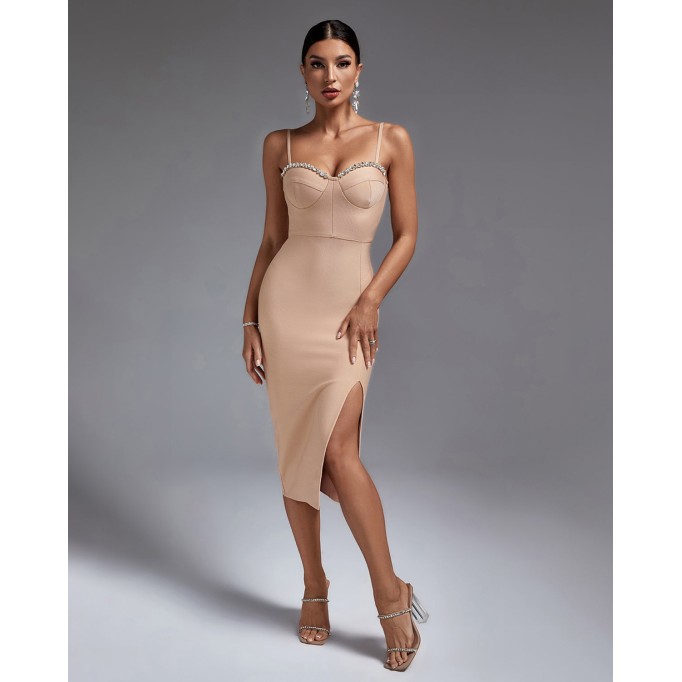 Strappy Drill Chain Midi Bandage Dress