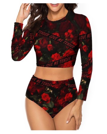 Womens Black-red Rose 2 Piece Sun Protection Bikini Swimwear