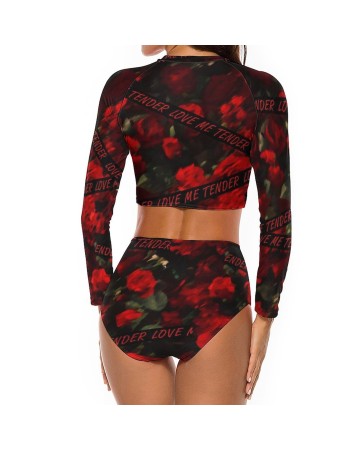 Womens Black-red Rose 2 Piece Sun Protection Bikini Swimwear