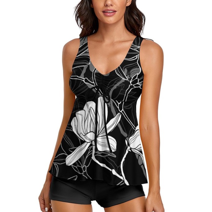 Tankini Floral Black Two Piece Bathing Suits Swimwear