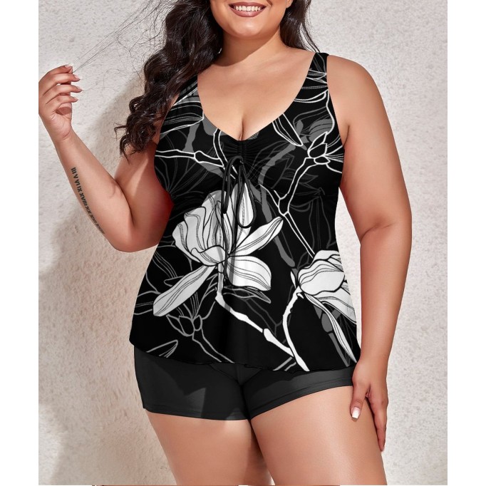 Tankini Floral Black Two Piece Bathing Suits Swimwear