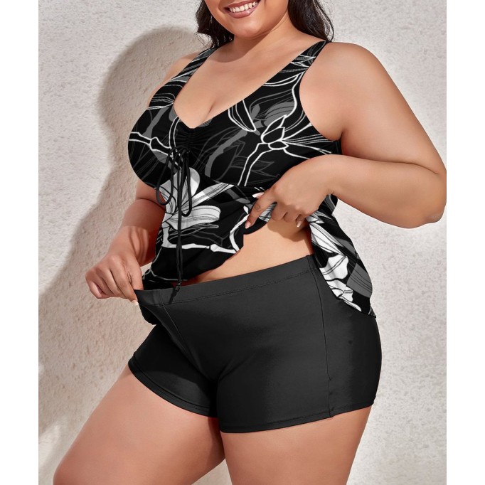 Tankini Floral Black Two Piece Bathing Suits Swimwear