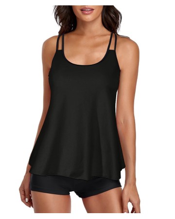 Tankini Black Tank Top Two Piece Bathing Suits with Boyshorts