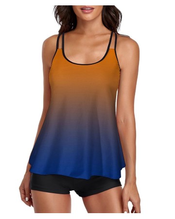 Tankini Gradient Orange Blue Tank Top Two Piece Bathing Suits with Boyshorts