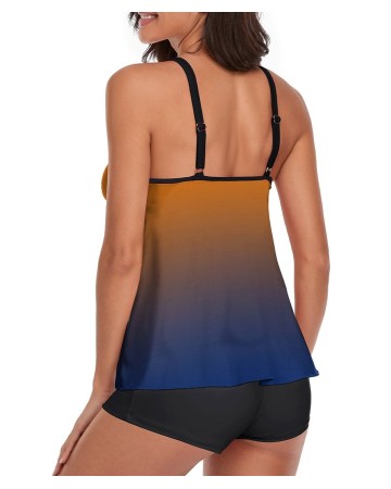 Tankini Gradient Orange Blue Tank Top Two Piece Bathing Suits with Boyshorts