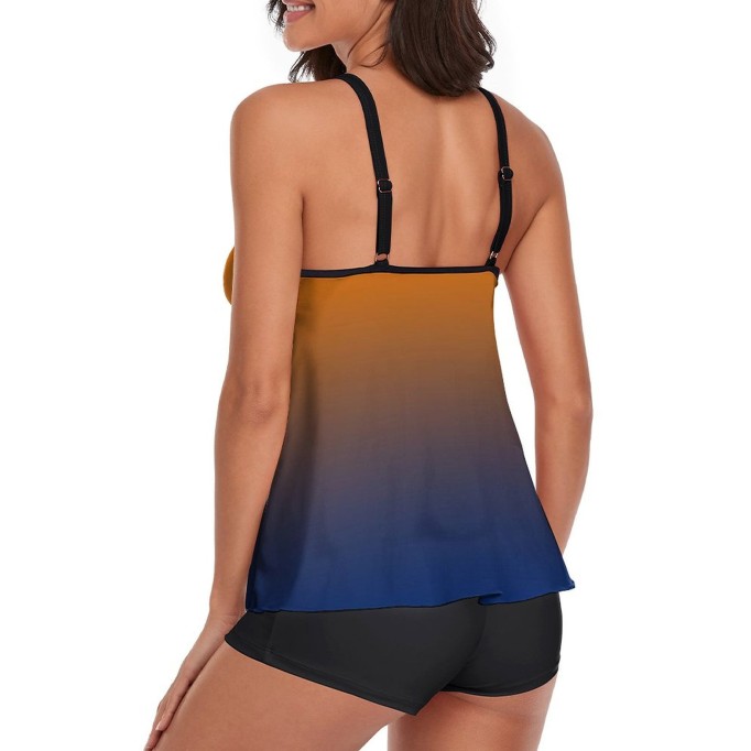 Tankini Gradient Orange Blue Tank Top Two Piece Bathing Suits with Boyshorts