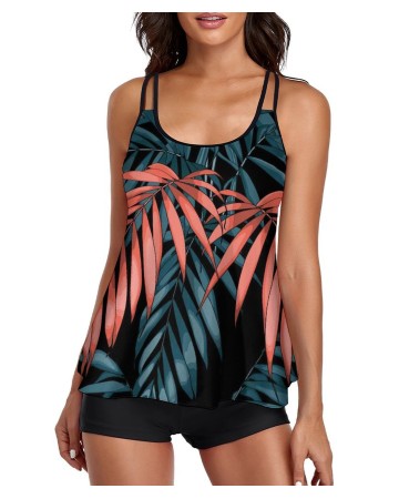 Tankini Print Leaf Tank Top Two Piece Bathing Suits with Boyshorts