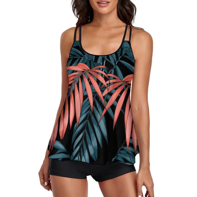 Tankini Print Leaf Tank Top Two Piece Bathing Suits with Boyshorts