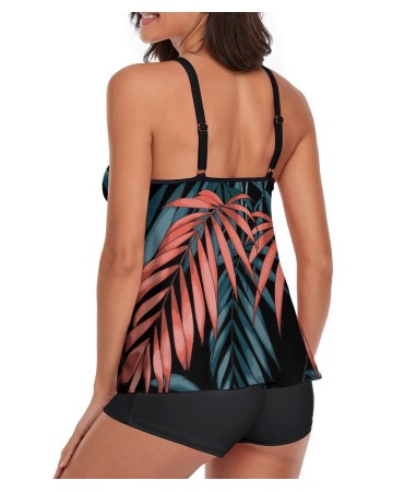 Tankini Print Leaf Tank Top Two Piece Bathing Suits with Boyshorts