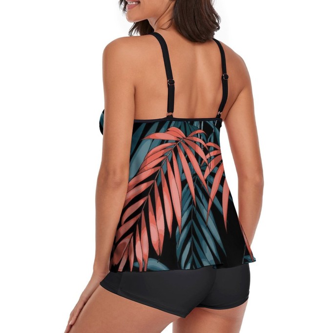 Tankini Print Leaf Tank Top Two Piece Bathing Suits with Boyshorts