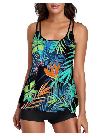 Tankini Trapical Green Tank Top Two Piece Bathing Suits with Boyshorts