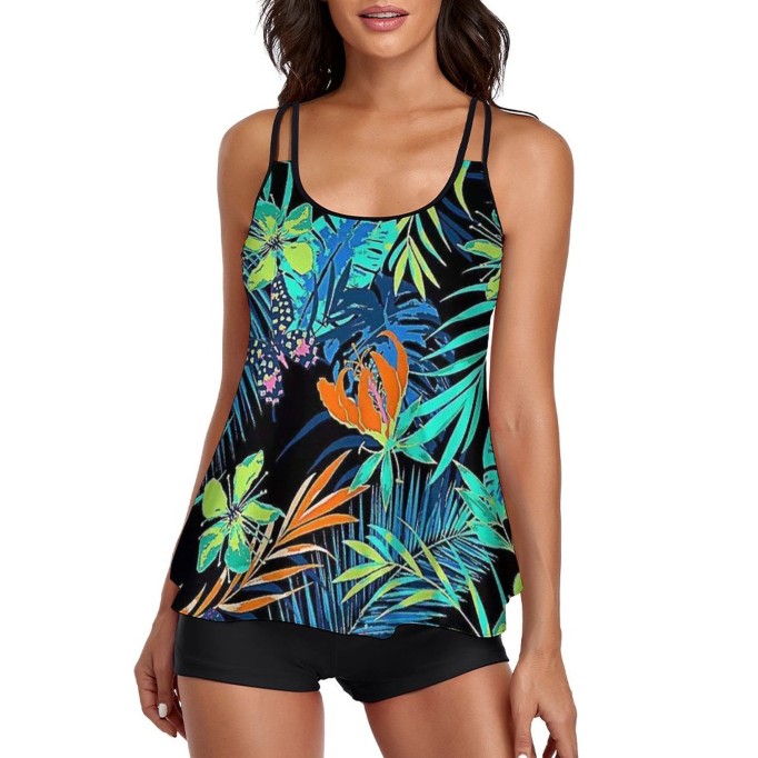 Tankini Trapical Green Tank Top Two Piece Bathing Suits with Boyshorts