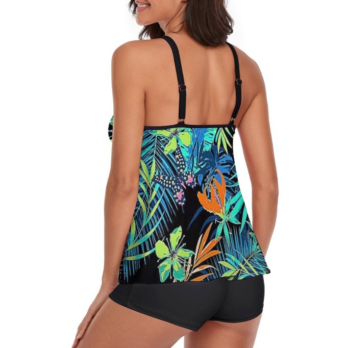 Tankini Trapical Green Tank Top Two Piece Bathing Suits with Boyshorts