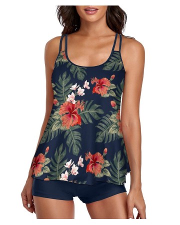 Tankini Tropical Navy Tank Top Two Piece Bathing Suits with Boyshorts