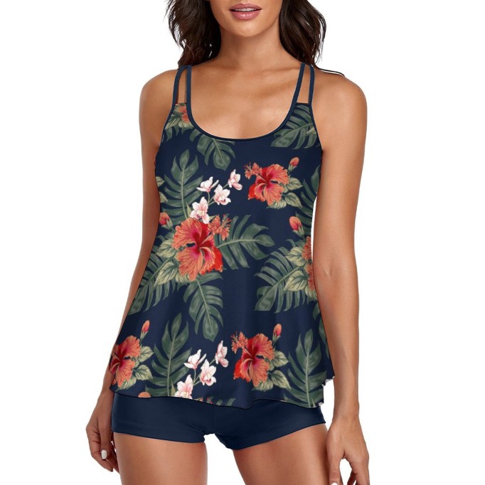 Tankini Tropical Navy Tank Top Two Piece Bathing Suits with Boyshorts