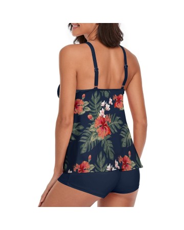 Tankini Tropical Navy Tank Top Two Piece Bathing Suits with Boyshorts