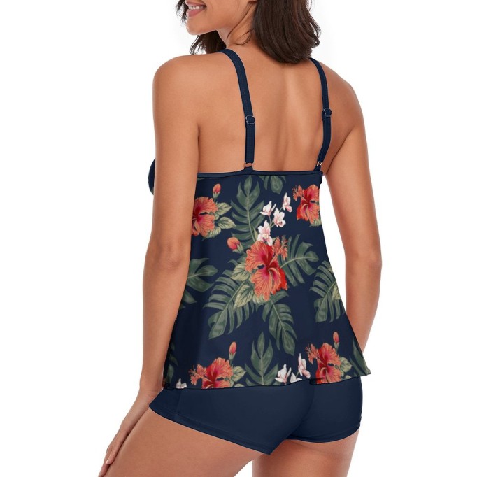 Tankini Tropical Navy Tank Top Two Piece Bathing Suits with Boyshorts