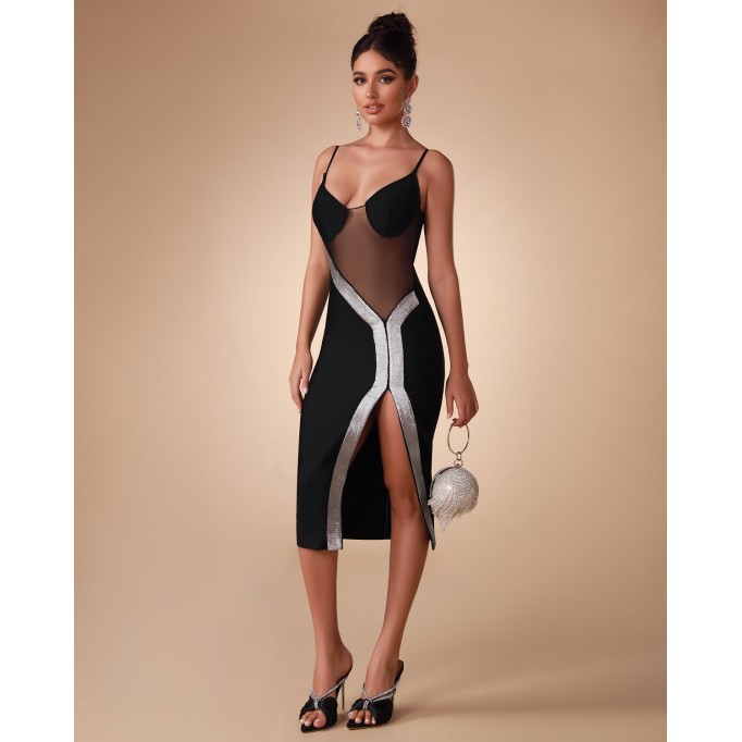 Contrast Mesh Tape Bandage Dress