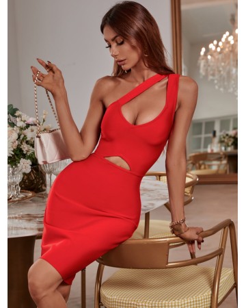 One Shoulder Sleeveless Cut Out Midi Bandage Dress