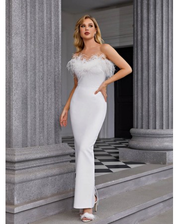 Strapless Feather Maxi Bandage Dress