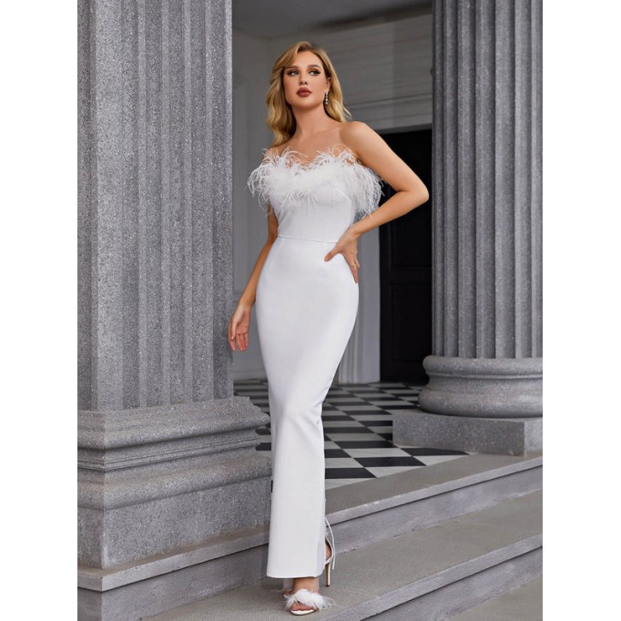 Strapless Feather Maxi Bandage Dress