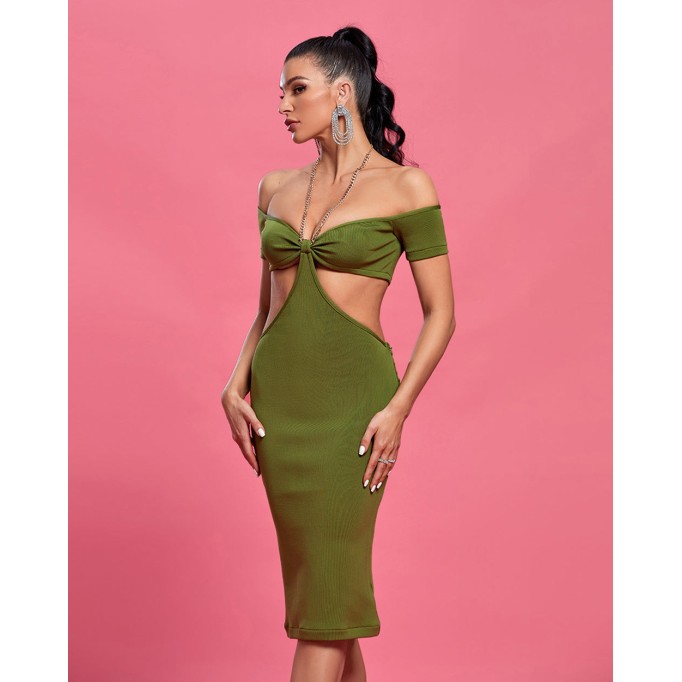 Chain Off Shoulder Short Sleeve Midi Bandage Dress