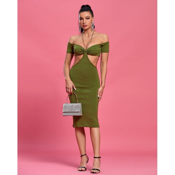 Chain Off Shoulder Short Sleeve Midi Bandage Dress