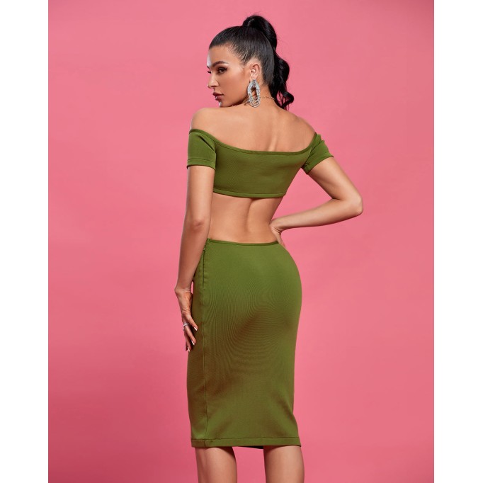 Chain Off Shoulder Short Sleeve Midi Bandage Dress