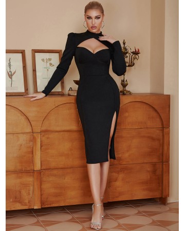 High Neck Long Sleeve Midi Hollow out Bandage Dress HB1113