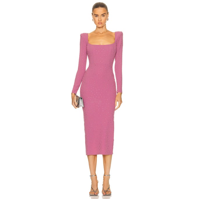 Square Collar Midi Color Diamond Bandage Dress HL9053